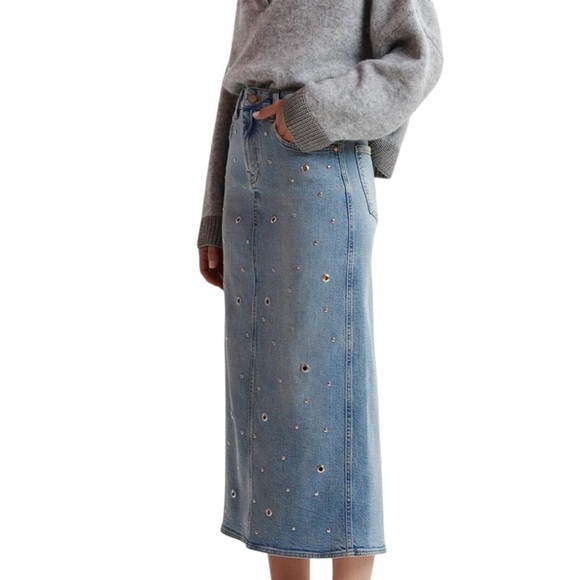 Essentiel Antwerp Blue Eyelet Denim Skirt NWT Grommet Detailing Women’s Size 8 - Picture 16 of 16